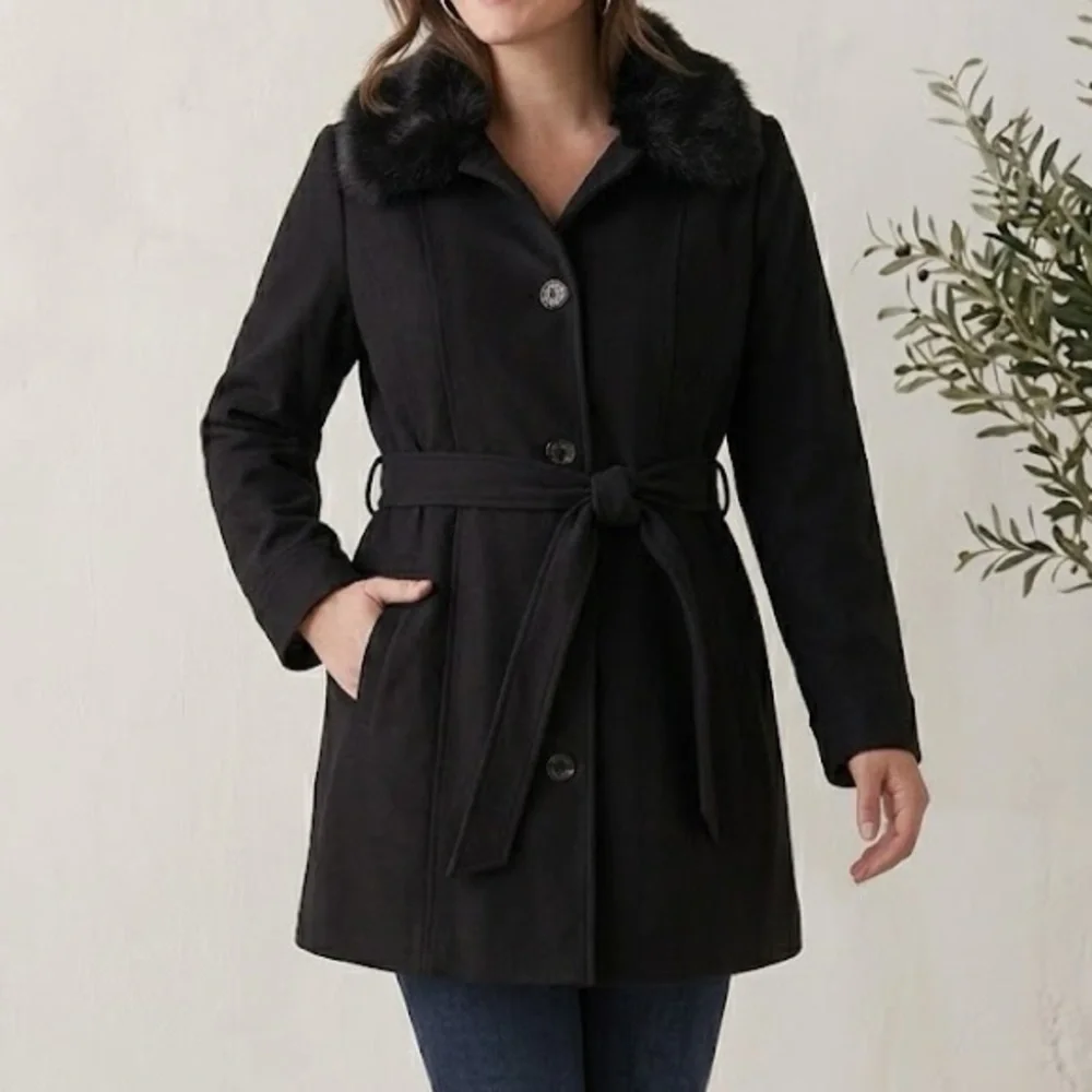 Laundry by Design Black Faux Fur Trim Wool Blend Peacoat Medium